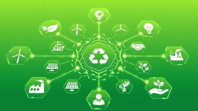Green ecology graphic central recycle symbol connected by light to green energy icons in hexagons