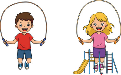 Energetic children skipping rope together, happy smiling boy and girl exercising outdoors, active kids jumping for fitness and fun, healthy childhood activity.