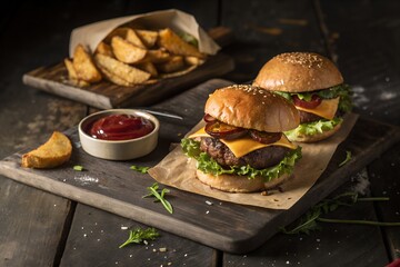 Delicious gourmet burgers and potato wedges served on a rustic wooden board