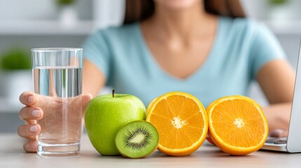 Woman drinking water, eating fresh healthy fruit