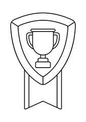 Gold shield with ribbon and cup. Game award for the winners. Illustration of prize for sports competitions.