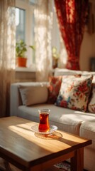 A cozy living room bathed in warm sunlight, showcasing a glass of tea elegantly placed on a wooden table, surrounded by inviting floral cushions and curtains.