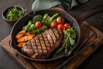 Delicious grilled steak with fresh vegetables in a cast iron skillet