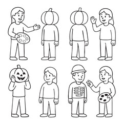 Coloring book coloring page featuring children in pumpkin costumes and skeleton outfit