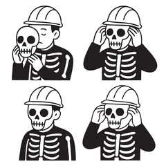 Skeleton coloring book coloring page featuring skeleton wearing hard hat in various poses
