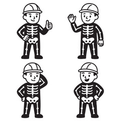 Coloring book page featuring construction worker skeletons in various poses for coloring fun