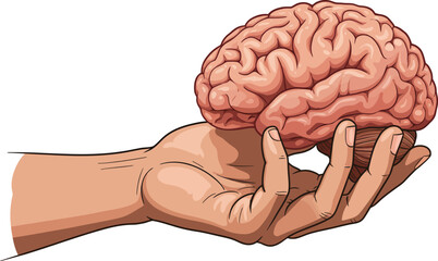 Illustration of a hand holding a human brain, isolated on white background