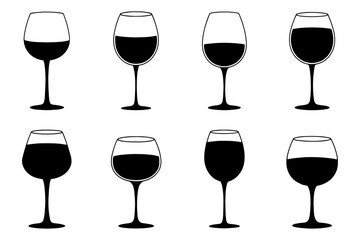 Different wine glasses silhouette filled with red wine, in various levels and styles