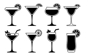 silhouette of stylish cocktail glasses decorated with fruit