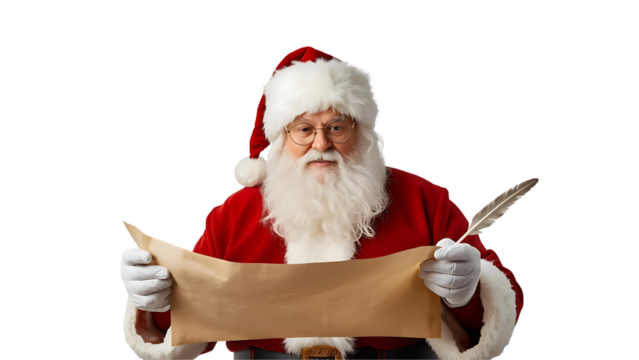Santa Claus Checking His List With a Quill,Traditional Christmas Holiday Scene with Santa Claus and a Parchment Scroll
