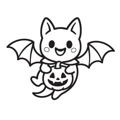 Coloring book coloring page featuring cute bat holding pumpkin for coloring fun
