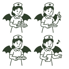 Nurse bat wing medicine tray cartoon uniform female emotion happy sad singing gesture