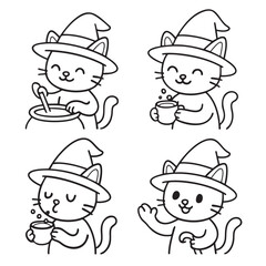 Coloring book coloring page featuring cute cat in witch hat for coloring book coloring page