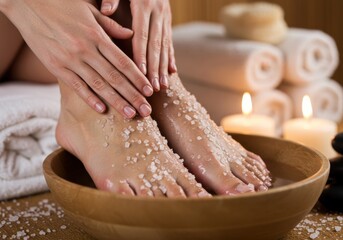 Spa treatment for feet with salt scrub and candles