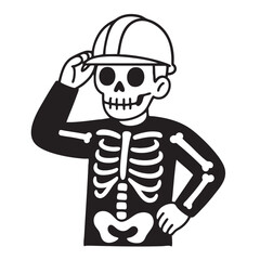 Skeleton construction worker hardhat cartoon illustration black white bone safety