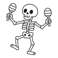 Dancing skeleton holding maracas, cartoon style, black and white, joyful, isolated on white