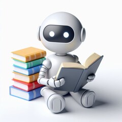 3d Ai Robot Reading Books. Machine Learning and Artificial Intelligence education Concept icon on white background.