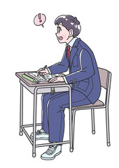 机で学習する制服を着た男子生徒の全身イラスト　わかったバージョン