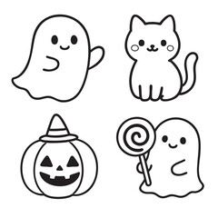 Cute ghost, cat, pumpkin, and ghost with lollipop, Halloween cartoon line art illustration