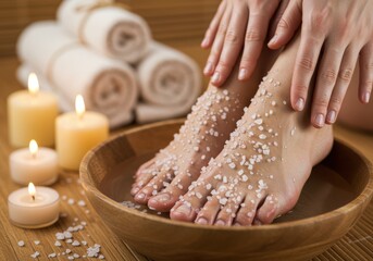 Relaxing spa treatment with foot soak and candles