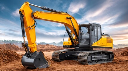 Yellow excavator standing on construction site preparing for earthwork