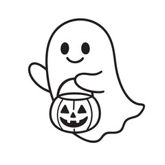 Cute ghost holding pumpkin bucket, Halloween, outline, simple, happy, cartoon, white background