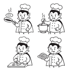 Vampire chef cartoon, cooking, frying, stirring, chopping, serving pasta, happy expression