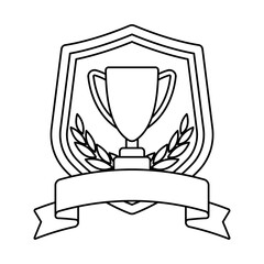 Gold shield with ribbon and cup. Game award for the winners. Illustration of prize for sports competitions.