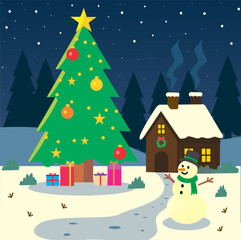 Flat vector illustration of a snowy Christmas scene with decorated tree, gifts, snowman, and a cozy house at night