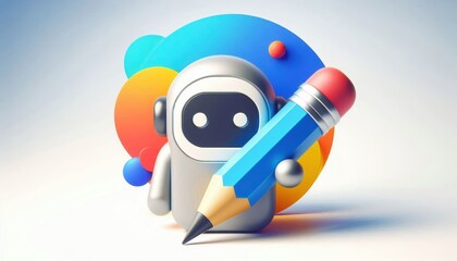 Ai education robot with pencil on colorful background. Robotic creative art icon.