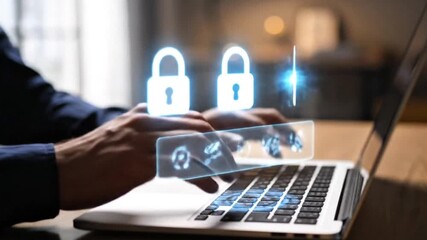 Cybersecurity data protection with digital lock on laptop screen 
 - Powered by Adobe