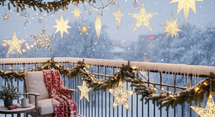 Obraz premium Cozy winter balcony scene with illuminated stars and snow falling in the background