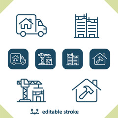 Construction Icons. Construction Crane, Moving Truck, House, Apartment Building Icon