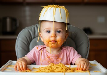 Baby with spaghetti on head and face