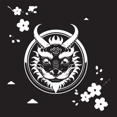 Illustration of a head of a DRAGON Is white on black background and enclosed in a circle with appropriate Asian elements 