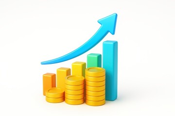 Colorful Coins and Bar Graph with Arrow Indicating Growth and Progress in Business Finance