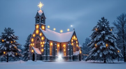Fototapeta premium Church adorned with christmas lights in a snowy winter landscape at twilight