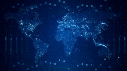 Global Data Flow Network Animation with futuristic digital world map connections, real-time international data exchange, and abstract blue cyber communication, perfect for big data and technology visu - Powered by Adobe