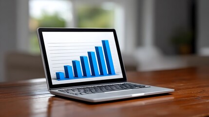 Laptop displaying a bar graph showing business growth and analytics data on a wooden office desk