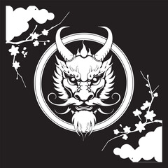 Illustration of a head of a DRAGON Is white on black background and enclosed in a circle with appropriate Asian elements 