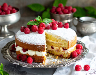 Homemade sponge cake filled with cream and raspberries, topped with fresh berries and powdered sugar on a silver tray.