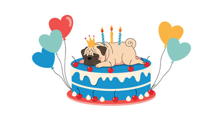 A cute pug wearing a crown lays on top of a birthday cake surrounded by balloons.