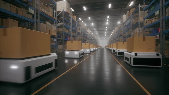 Autonomous Delivery Robots Working In A Modern Warehouse