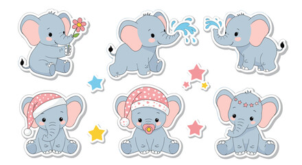 Obraz premium Cute baby elephants playing and wearing hats for sweet dreams.