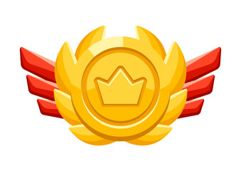 Gold medal with laurel leaves and wings. Game award for the winners. Illustration of prize for sports competitions.