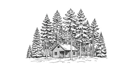 Fototapeta premium A cozy cabin nestled amongst tall pine trees in a dense forest.