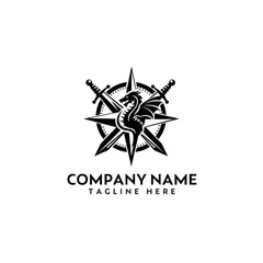 Epic Dragon Compass Sword Logo - Mythology & Adventure Brand for Gaming, Security