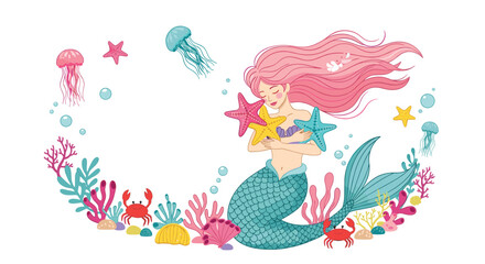 Obraz premium A whimsical mermaid with pink hair cradles starfish surrounded by vibrant underwater flora and fauna.