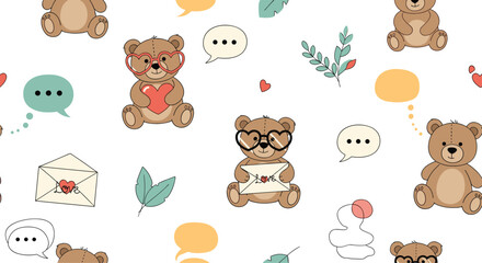 Obraz premium Cute teddy bears and speech bubbles in a whimsical pattern.