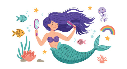 Fototapeta premium A beautiful mermaid combing her long purple hair with a mirror.